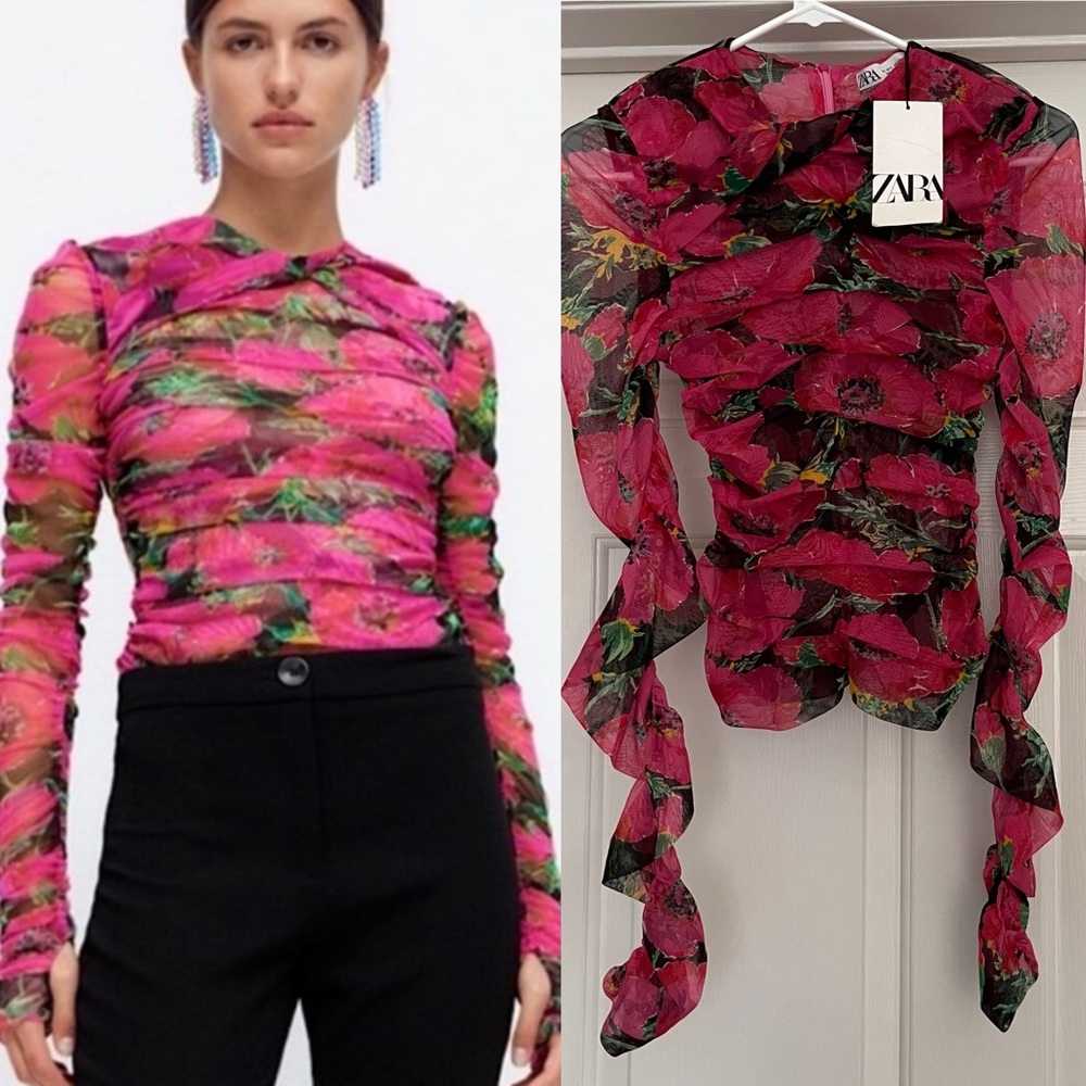 NWT ZARA Mesh Floral Long Sleeve Ruched Top Size Small